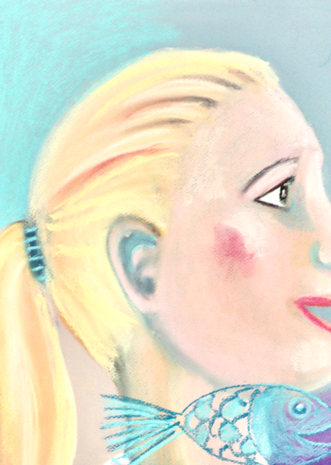 Mädchenporträt mit türkisfarbenen Fischen - Pastellkreidekunst „Bilder der Hoffnung 3“
