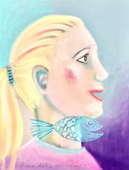 Mädchenporträt mit türkisfarbenen Fischen - Pastellkreidekunst „Bilder der Hoffnung 3“