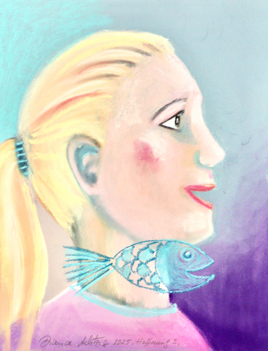 Mädchenporträt mit türkisfarbenen Fischen - Pastellkreidekunst „Bilder der Hoffnung 3“