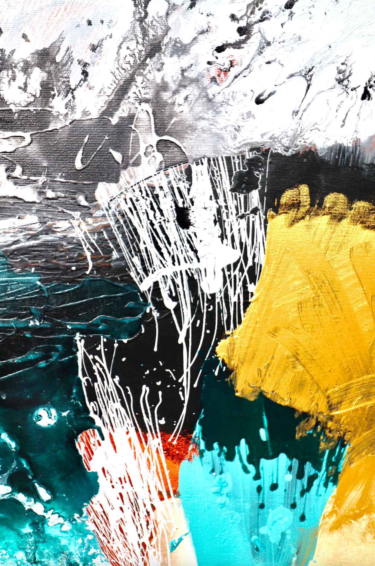 "Wasserfall", Sand, Acrylbild in Weiss, Gold und Tuerkis von Diana Achtzig