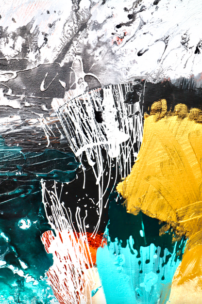 "Wasserfall", Sand, Acrylbild in Weiss, Gold und Tuerkis von Diana Achtzig