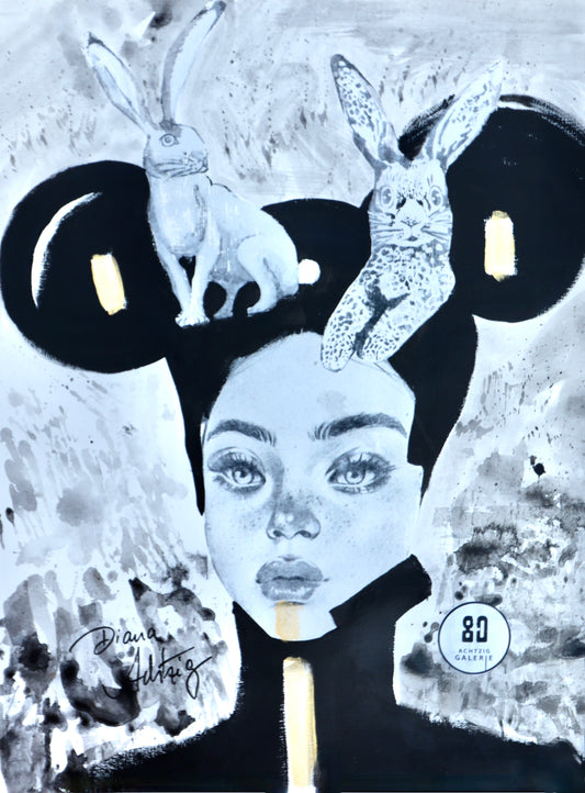 POP-ART Mädchenporträt + Hasen+ Micky Maus - Ohren