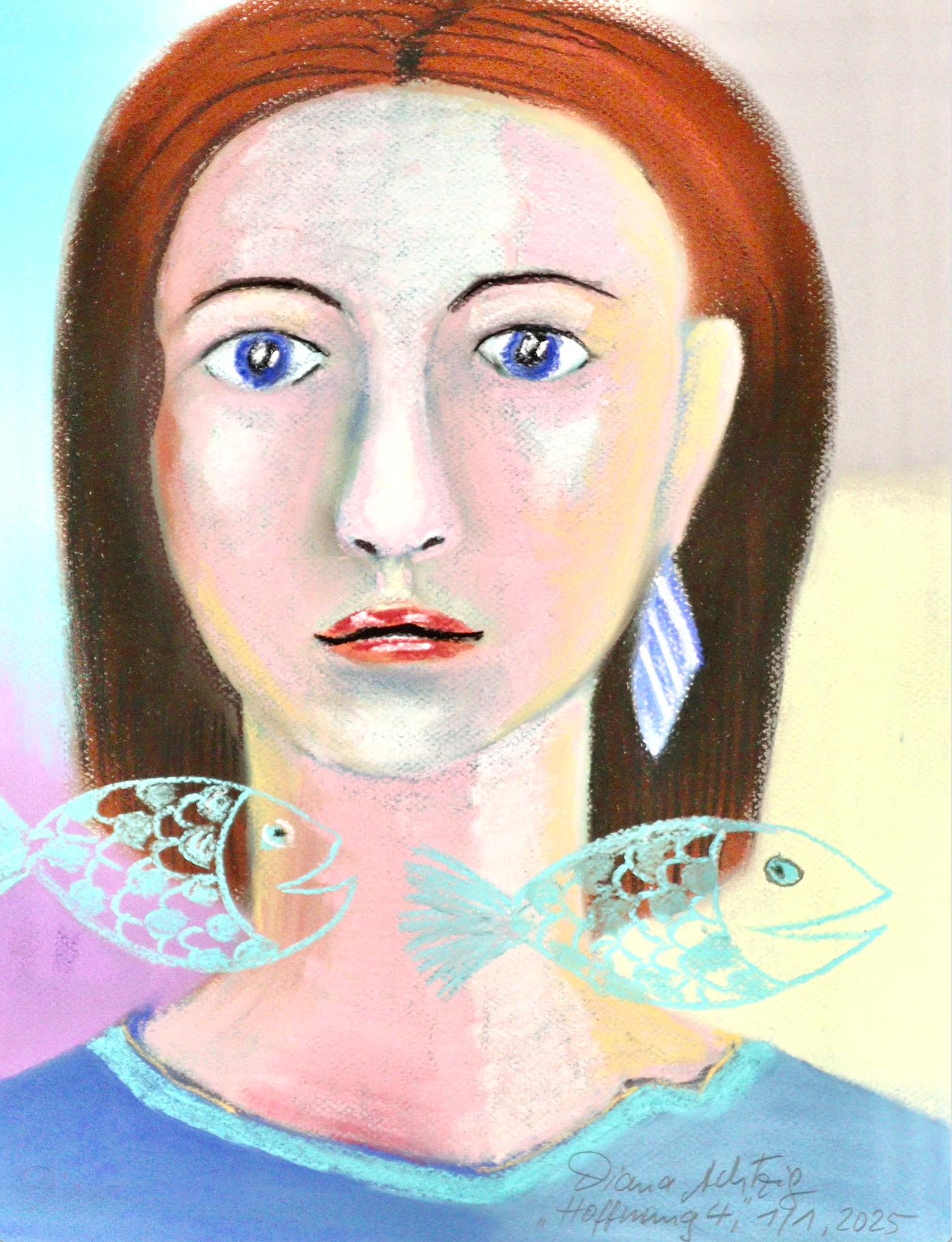 Mädchenporträt mit türkisfarbenen Fischen - Hoffnung 4, Pastellkreidekunst, A3,