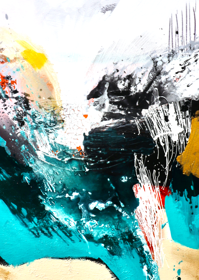 "Wasserfall", Sand, Acrylbild in Weiss, Gold und Tuerkis von Diana Achtzig