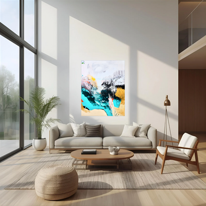 "Wasserfall", Sand, Acrylbild in Weiss, Gold und Tuerkis von Diana Achtzig