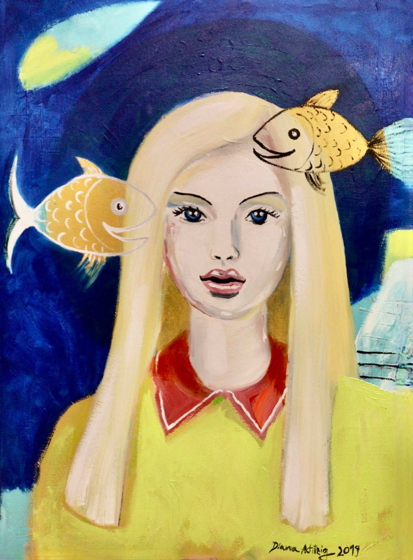 Gemälde: „Mädchen mit Gold-Fischen“ Original-Ölgemälde auf recycelter Leinwand