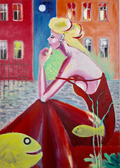 VERKAUFT: "Mädchen mit rotem Kleid und Fischen", Ölbild auf Leinwand, 70 x 50