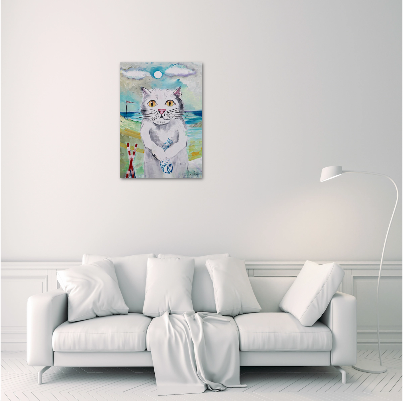 Gemälde:"Weiße Katze mit Fisch vor dem Meer" – Tierportrait + Symbolik der Hoffnung